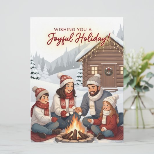 Gezellige familiehuisje knus bij de open haard vro feestdagenkaart (Staand voorkant)