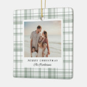 Gezellige Flanel Plaid Kerstfotokaart - Groen Keramisch Ornament (Links)