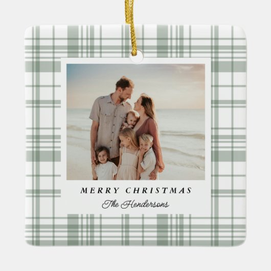 Gezellige Flanel Plaid Kerstfotokaart - Groen Keramisch Ornament (Voorkant)