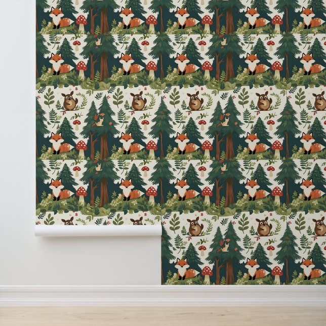 Gezellige Forest Mushroom en Wildlife Peel and Sti Behang (Applicatie)