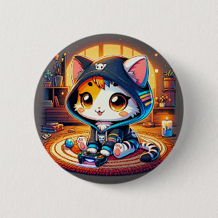 Gezellige gamer kat in een hoodie ronde button 5,7 cm