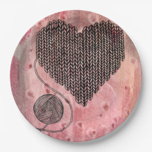 Gezellige Gebreide Garne Hart Pastel Roze Aquarel Papieren Bordje