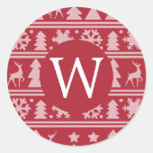 Gezellige gebreide rode trui patroon Monogram Kers Ronde Sticker (Voorkant)