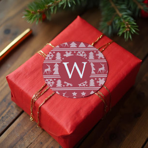 Gezellige gebreide rode trui patroon Monogram Kers Ronde Sticker