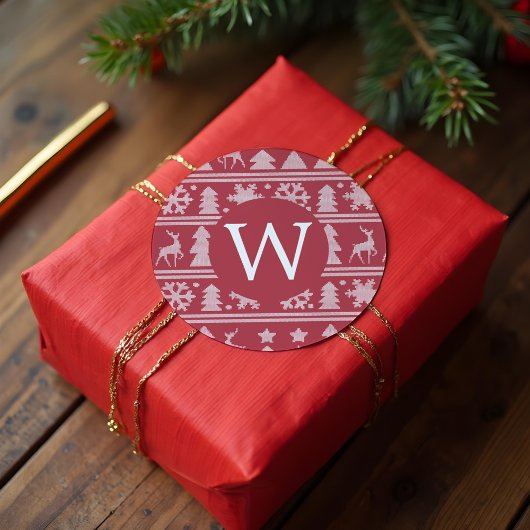 Gezellige gebreide rode trui patroon Monogram Kers Ronde Sticker