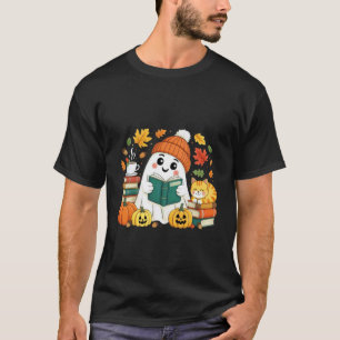 Gezellige Geest Lezen met Pompoen en Kat Ontwerp T-shirt