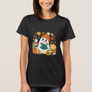 Gezellige Geest Lezen met Pompoen en Kat Ontwerp T-shirt