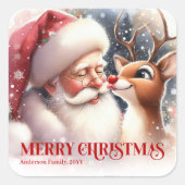 Gezellige gepersonaliseerde Kerstman en Rudolph wi Vierkante Sticker (Voorkant)