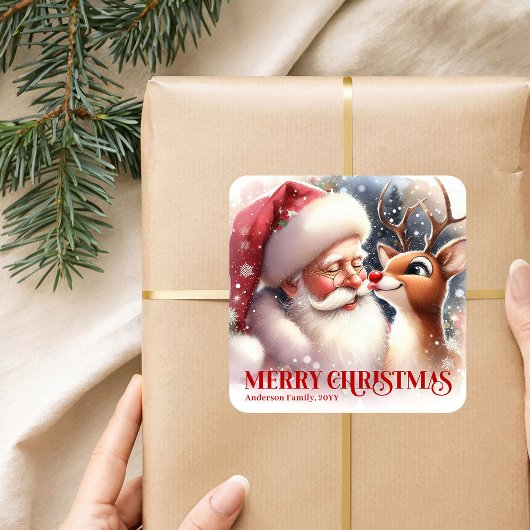 Gezellige gepersonaliseerde Kerstman en Rudolph wi Vierkante Sticker
