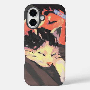 Gezellige geschilderde kat en persoon illustratie iPhone 16 hoesje