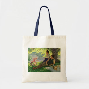 Gezellige gezinsuitstap onder een schaduwrijke boo tote bag