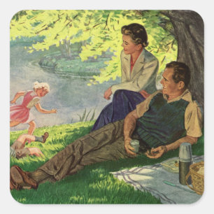 Gezellige gezinsuitstap onder een schaduwrijke boo vierkante sticker