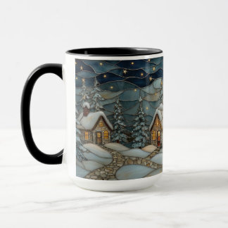 Gezellige Glas-in-Lood Besneeuwde Dorps Kerstmug Mok