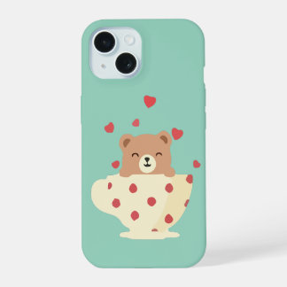 Gezellige glimlachende teddybeer in theekopje met iPhone 15 case