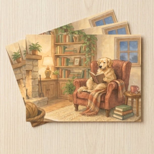 Gezellige Golden Retriever Leest bij Open Haard Briefkaart