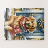 Gezellige Golden Retriever Puppy Hondenkerst Legpuzzel (Horizontaal)