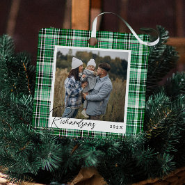 Gezellige groen en wit geruite stof Familie Foto Metalen Ornament