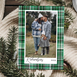 Gezellige Groen en Wit Plaid Flanel Familie Foto Feestdagenkaart