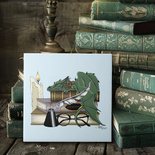 Gezellige Groene Whimsicale Slaapdrake Boekliefheb Tegeltje