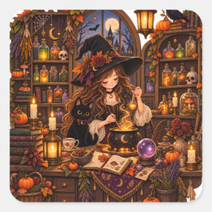 Gezellige Halloween Apotheek Heks Vierkante Sticker