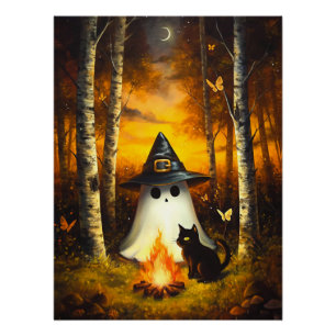 Gezellige Halloween Geest & Zwarte Kat Kampvuurkun Perfect Poster