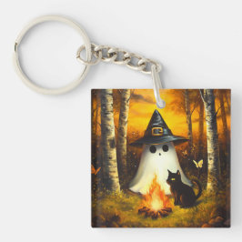 Gezellige Halloween Geest & Zwarte Kat Kampvuurkun Sleutelhanger