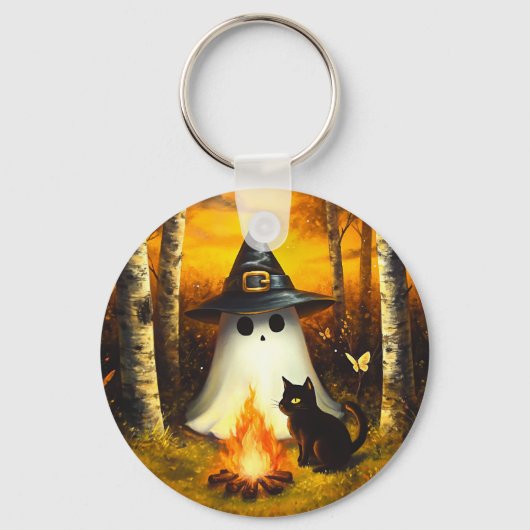 Gezellige Halloween Geest & Zwarte Kat Kampvuurkun Sleutelhanger (Voorkant)