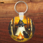 Gezellige Halloween Geest & Zwarte Kat Kampvuurkun Sleutelhanger (Achterkant)