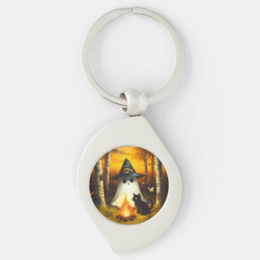 Gezellige Halloween Ghost & Black Cat Kampvuur Kun Sleutelhanger (Voorkant)