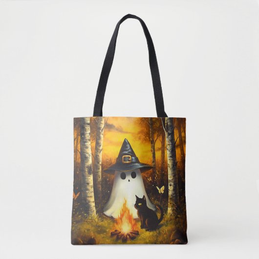 Gezellige Halloween Ghost & Black Cat Kampvuur Kun Tote Bag (Voorkant)