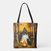 Gezellige Halloween Ghost & Black Cat Kampvuur Kun Tote Bag (Achterkant)