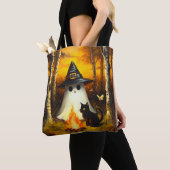 Gezellige Halloween Ghost & Black Cat Kampvuur Kun Tote Bag (Dichtbij)