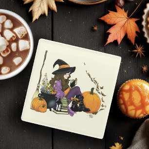 Gezellige heks vibes Halloween pompoenen Paarse Glazen Onderzetter