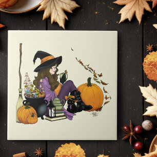 Gezellige heks vibes Halloween pompoenen Paarse Tegeltje