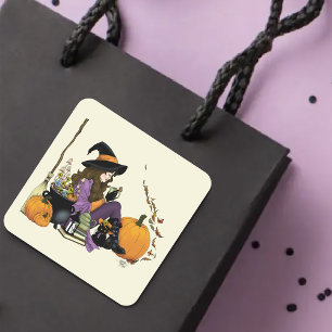 Gezellige heks vibes Halloween pompoenen Paarse Vierkante Sticker