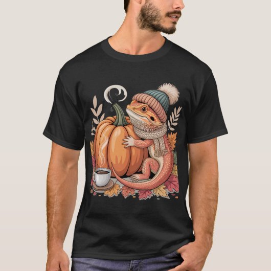Gezellige Herfst Bearded Dragon met Coffee Art T-shirt (Voorkant)