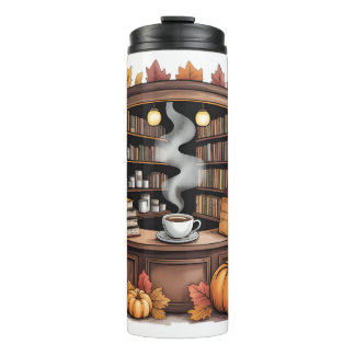 Gezellige herfst bibliotheek koffie thermosfles