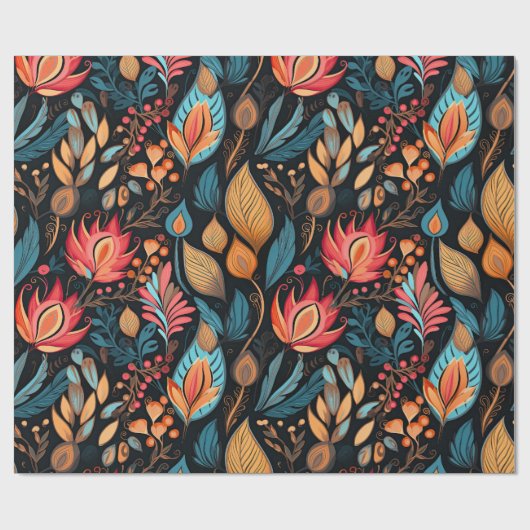 Gezellige herfst bloemenprint digitale volkskunst cadeaupapier (Vlak)