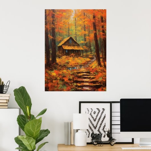 Gezellige herfst Cabin Retreat Fine Art Poster (Thuiskantoor)