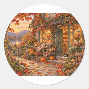 Gezellige herfst cottage bakkerij gouden uur ronde sticker