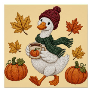 Gezellige herfst eend met pompoen koffie herfstbla perfect poster