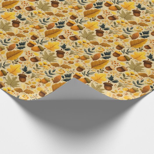 Gezellige herfst eikels & bladeren in geel, bruin cadeaupapier (Hoek)