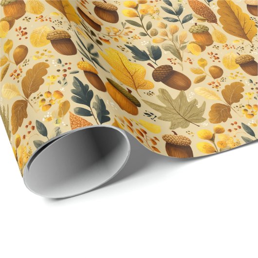 Gezellige herfst eikels & bladeren in geel, bruin cadeaupapier (Rol Hoek)