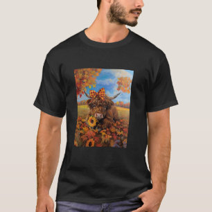 Gezellige Herfst Hoogland Koe met Strik en Zonnebl T-shirt
