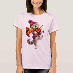 Gezellige herfst kat viool dames T-shirt Schatti