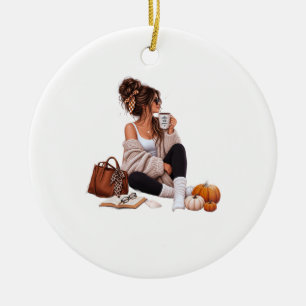 Gezellige herfst koffie meisje herfst esthetische keramisch ornament