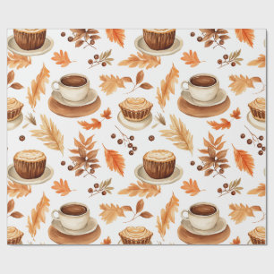 Gezellige herfst koffiekoppen en bladeren in warme cadeaupapier