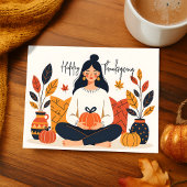 Gezellige Herfst Meditatie Vrouw Pompoen Thanksgiv Feestdagenkaart