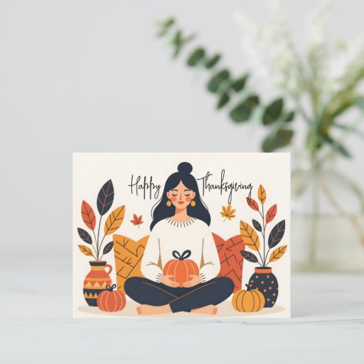Gezellige Herfst Meditatie Vrouw Pompoen Thanksgiv Feestdagenkaart (Staand voorkant)
