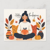 Gezellige Herfst Meditatie Vrouw Pompoen Thanksgiv Feestdagenkaart (Voorkant)